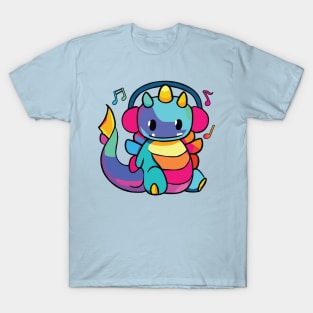 Happy dragon or dinosaur with headphones T-Shirt